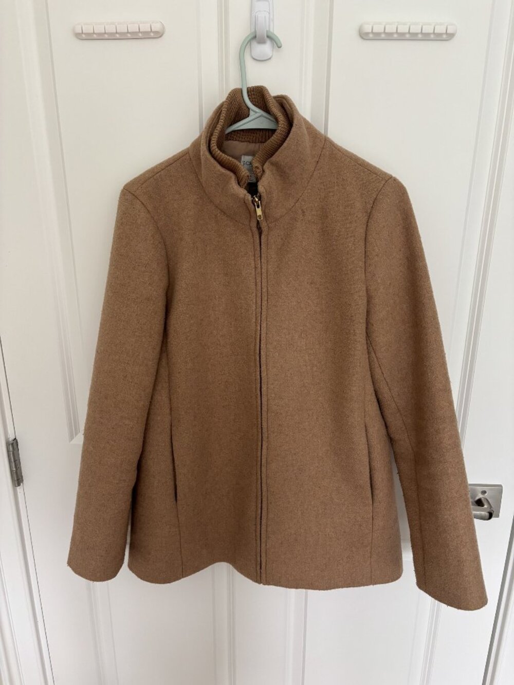 J.Crew Camel Zip Front Jacket with Rib Knit Collar, Size 6